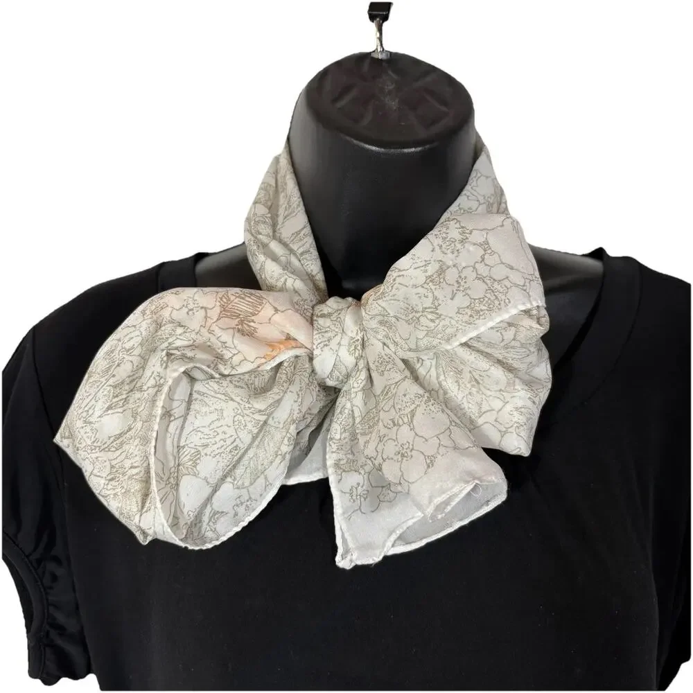 SemiSheer Rectangle Scarf Floral White Tan Orange Vintage Retro